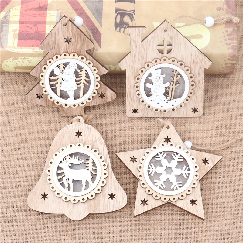 Happy New Year Christmas Ornaments Glowing Wooden Christmas Tree Pendant Decorations LED Light for Home Xmas Gift