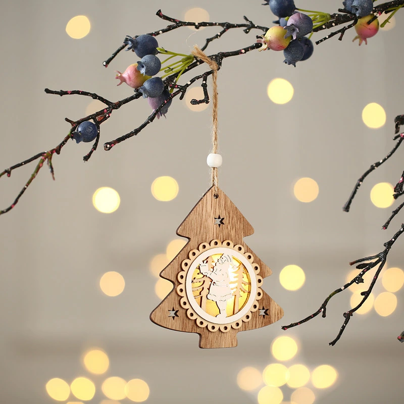 Happy New Year Christmas Ornaments Glowing Wooden Christmas Tree Pendant Decorations LED Light for Home Xmas Gift