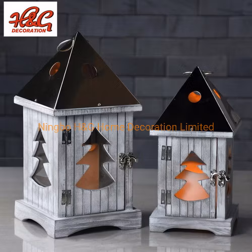 Lanterna de vela LED de madeira cortada em árvore de Natal Lanterna superior de aço inoxidável rosa