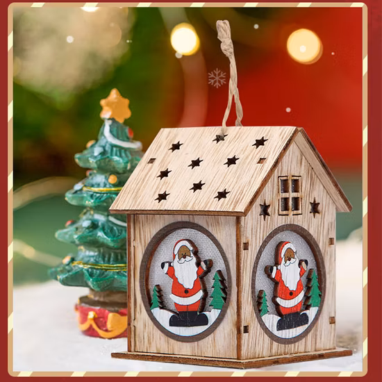Casa de madeira DIY Decoração de árvore de Natal LED Enfeites pendurados com luz Casa de madeira
