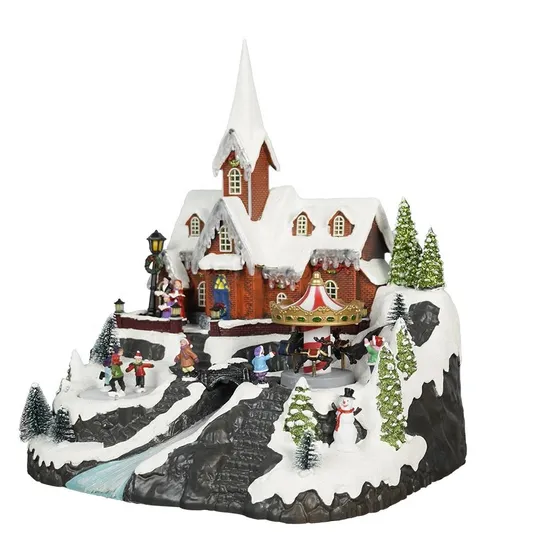 Led musical polyresin fibra óptica rotativa cena de árvore de natal vila de natal com ornamento de torre de sino