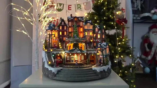 Mountain Kid Ski Cena de Natal LED Iluminado Fibra Óptica Polyresin Animado Natal Village House para Ornamento de Férias